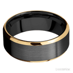 8 mm wide/Beveled/Zirconium band with two 1 mm Edge inlays of 14K Yellow Gold.
