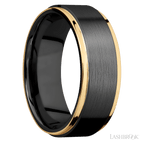 8 mm wide/Flat Grooved Edges/Zirconium band with two 1 mm Edge inlays of 14K Yellow Gold.