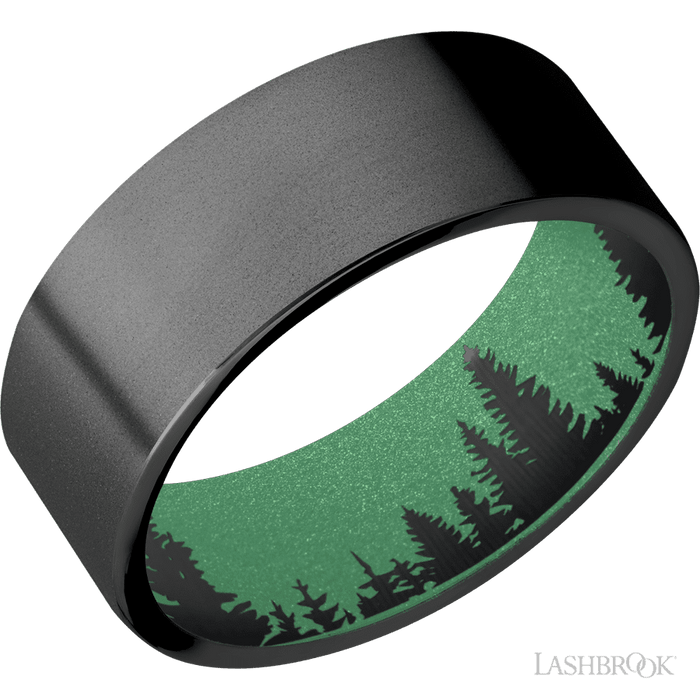 8 mm wide Flat Zirconium band featuring a Squatch sleeve.