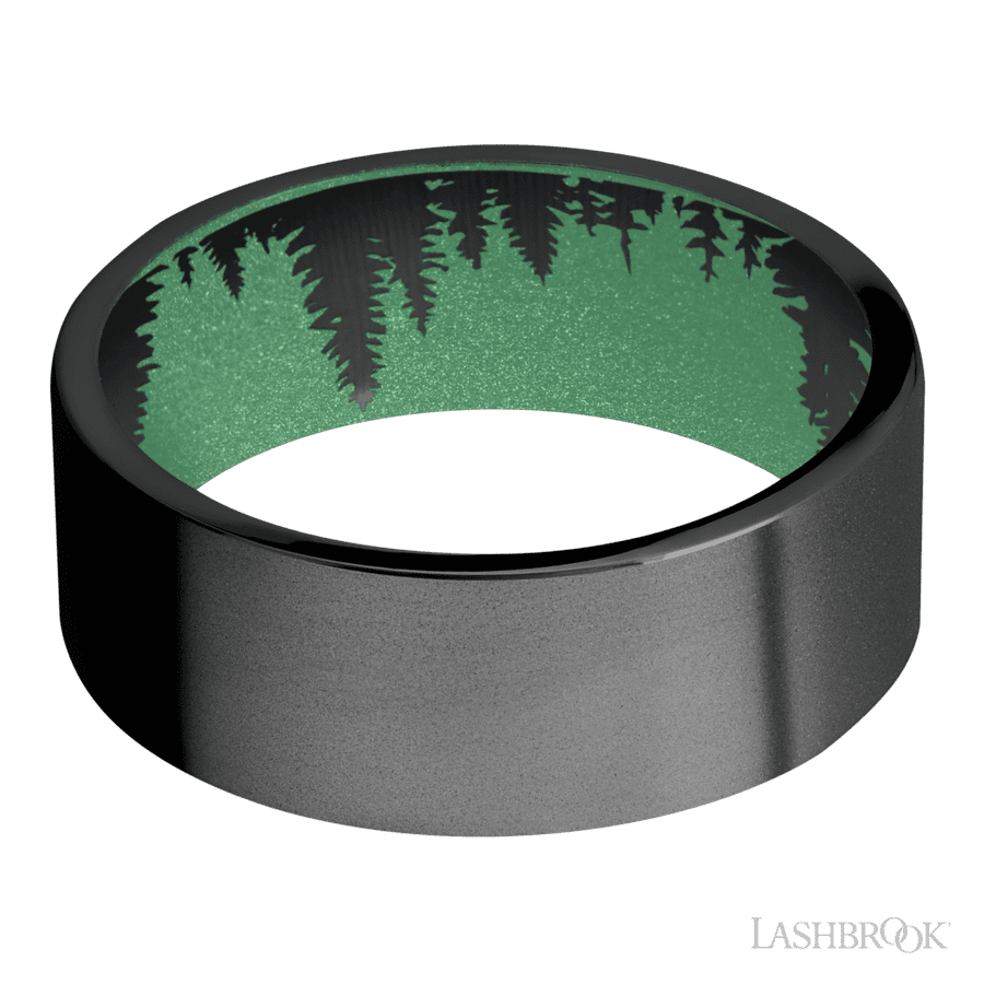 8 mm wide Flat Zirconium band featuring a Squatch sleeve.