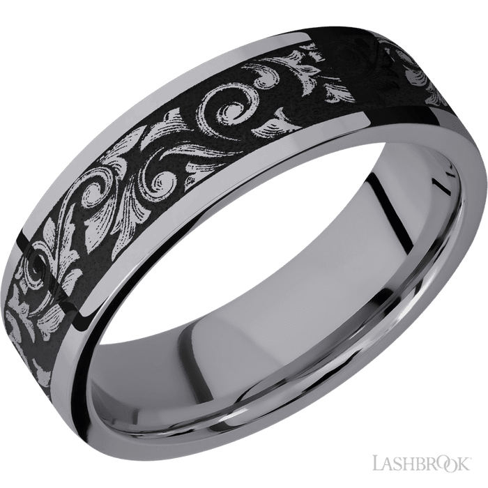 7 mm wide/Flat/Tantalum band with a laser carved Western Scroll pattern.
