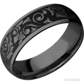 7 mm wide/Domed/Zirconium band with a laser carved Western Scroll pattern.