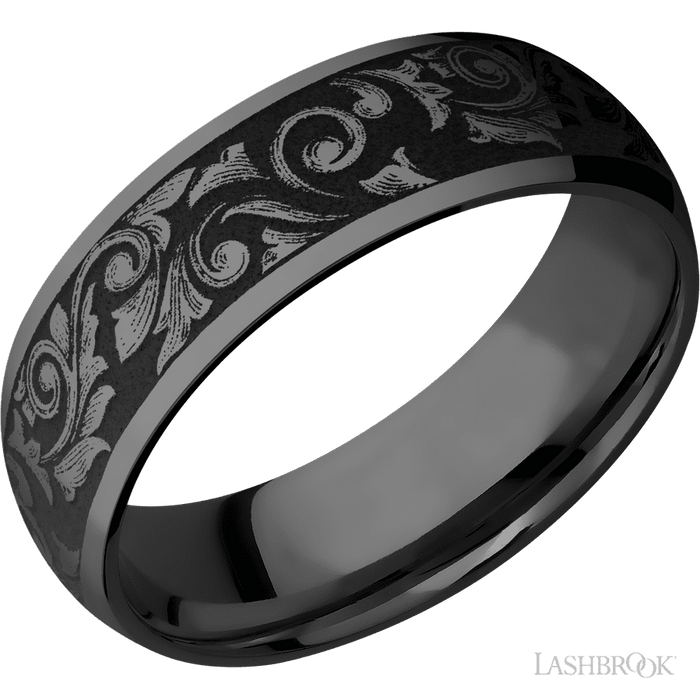 7 mm wide/Domed/Zirconium band with a laser carved Western Scroll pattern.