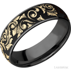 7 mm wide/Domed/Zirconium band with one 6 mm Centered inlay of 14K Yellow Gold with a laser carved Western Scroll pattern.