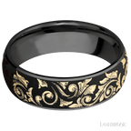 7 mm wide/Domed/Zirconium band with one 6 mm Centered inlay of 14K Yellow Gold with a laser carved Western Scroll pattern.