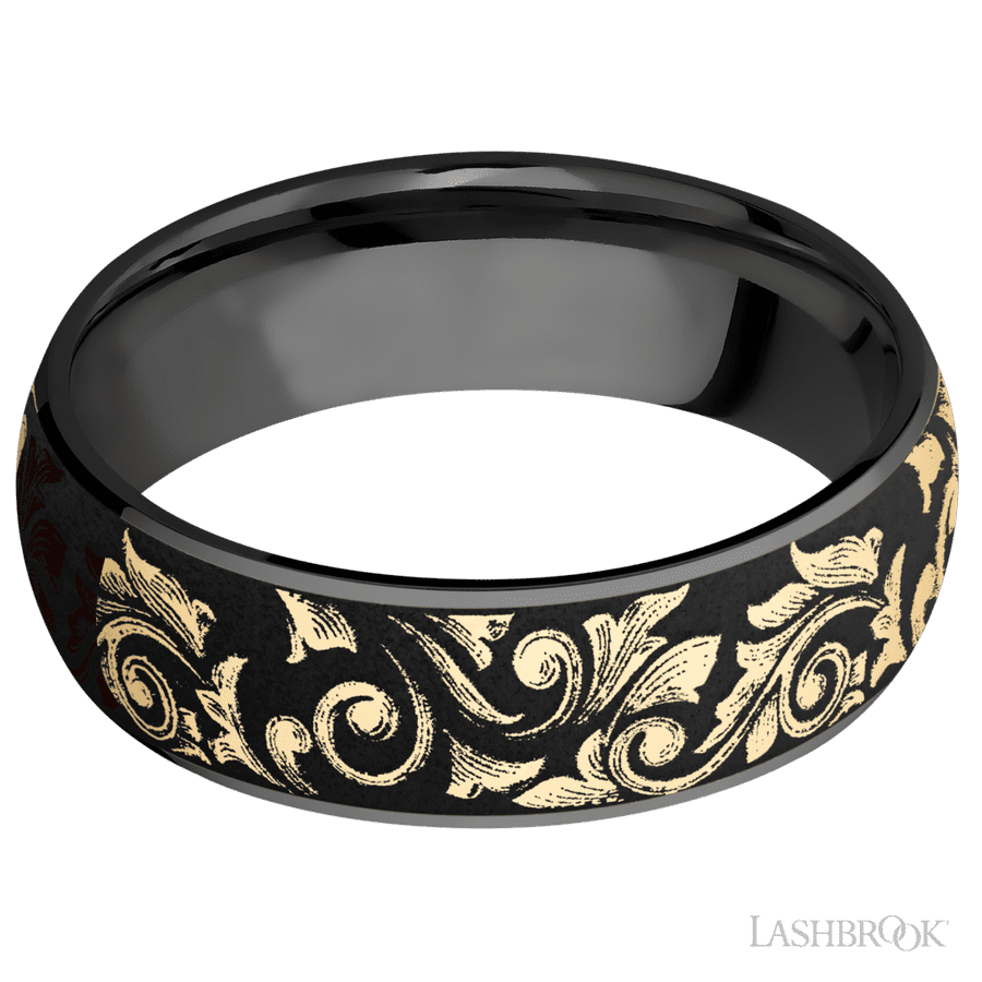 7 mm wide/Domed/Zirconium band with one 6 mm Centered inlay of 14K Yellow Gold with a laser carved Western Scroll pattern.