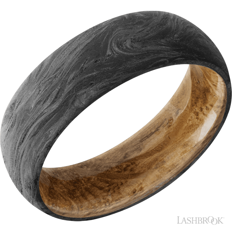 7 mm wide Domed Forged Carbon Fiber band featuring a Whiskey Barrel sleeve.