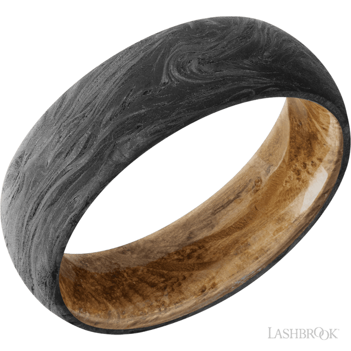 7 mm wide Domed Forged Carbon Fiber band featuring a Whiskey Barrel sleeve.