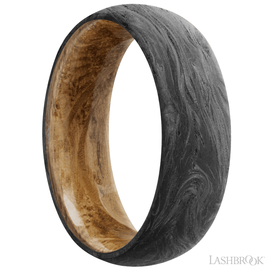7 mm wide Domed Forged Carbon Fiber band featuring a Whiskey Barrel sleeve.