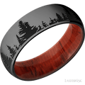 7 mm wide/Domed/Zirconium band with a laser carved Trees pattern also featuring a Padauk sleeve.