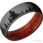 7 mm wide/Domed/Zirconium band with a laser carved Trees pattern also featuring a Padauk sleeve.