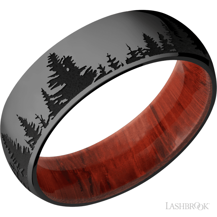 7 mm wide/Domed/Zirconium band with a laser carved Trees pattern also featuring a Padauk sleeve.