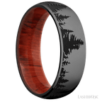 7 mm wide/Domed/Zirconium band with a laser carved Trees pattern also featuring a Padauk sleeve.