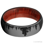 7 mm wide/Domed/Zirconium band with a laser carved Trees pattern also featuring a Padauk sleeve.