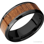 8 mm wide/Beveled/Zirconium band with one 5 mm Centered inlay of Desert Iron Wood.