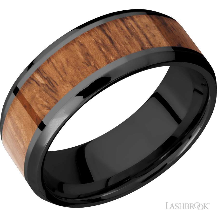 8 mm wide/Beveled/Zirconium band with one 5 mm Centered inlay of Desert Iron Wood.
