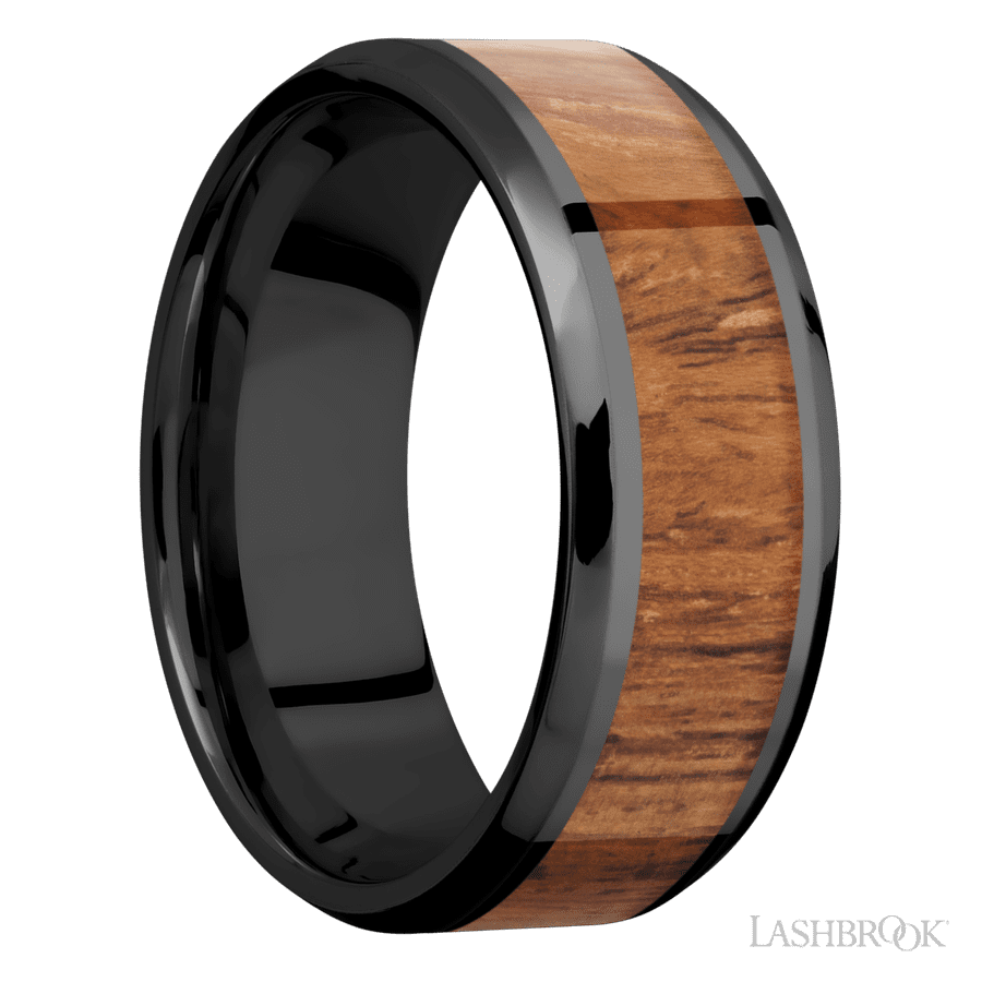 8 mm wide/Beveled/Zirconium band with one 5 mm Centered inlay of Desert Iron Wood.