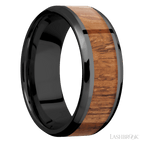8 mm wide/Beveled/Zirconium band with one 5 mm Centered inlay of Desert Iron Wood.