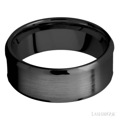8 mm wide/Beveled/Zirconium band with one 5 mm Centered inlay of Desert Iron Wood.