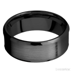 8 mm wide/Beveled/Zirconium band with one 5 mm Centered inlay of Desert Iron Wood.