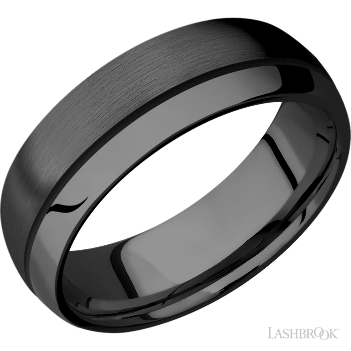 7 mm wide/Domed/Zirconium band with one 0.5 mm Off Center inlay of Black.