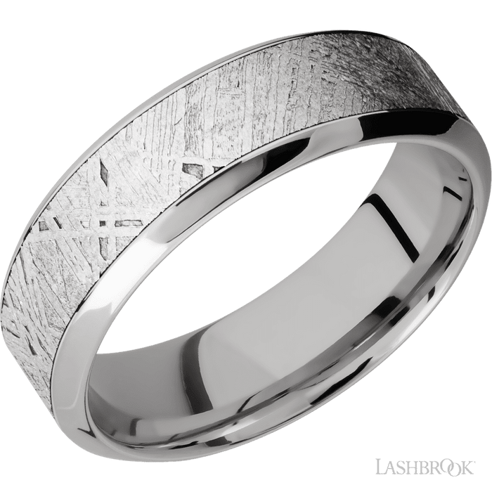 7 mm wide/High Bevel/18K White Gold band with one 4 mm Centered inlay of Meteorite.