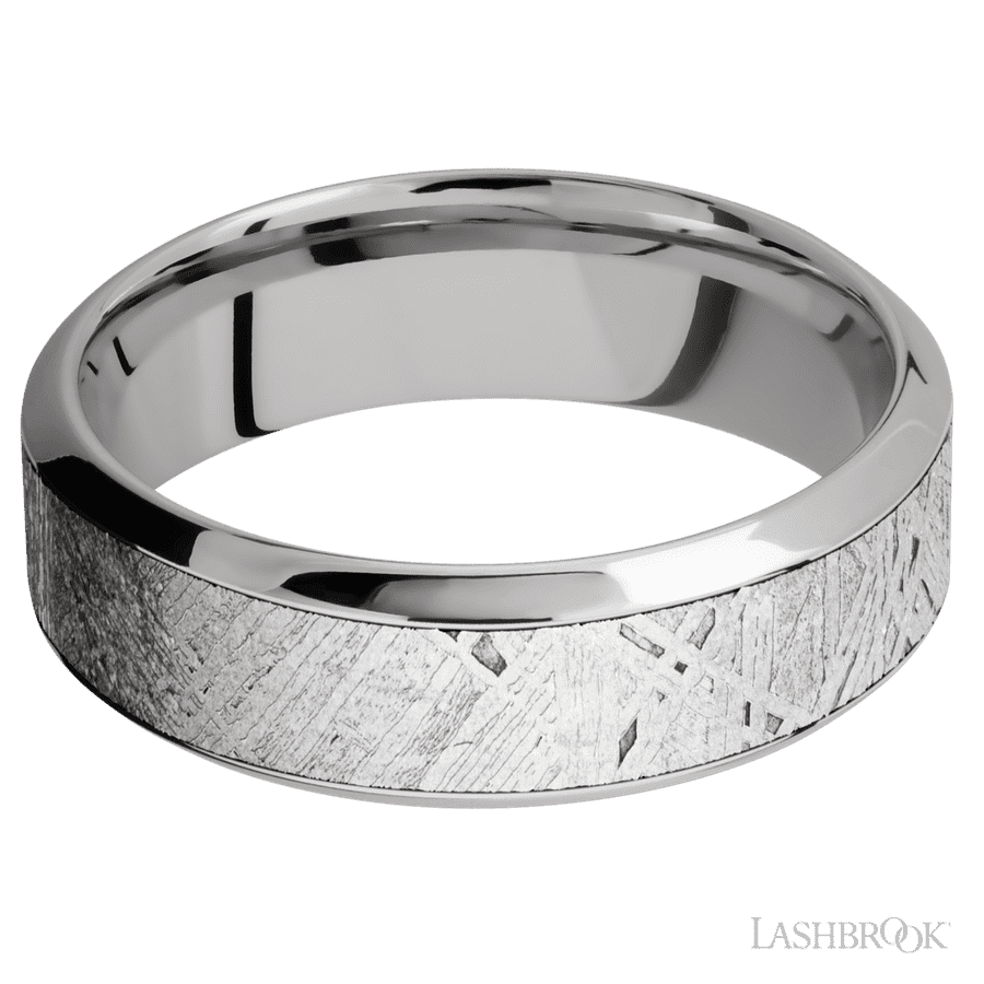 7 mm wide/High Bevel/18K White Gold band with one 4 mm Centered inlay of Meteorite.