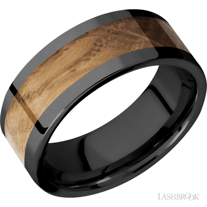 8 mm wide/Flat/Zirconium band with one 5 mm Centered inlay of Whiskey Barrel.