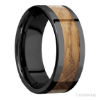 8 mm wide/Flat/Zirconium band with one 5 mm Centered inlay of Whiskey Barrel.