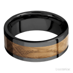 8 mm wide/Flat/Zirconium band with one 5 mm Centered inlay of Whiskey Barrel.
