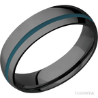 6 mm wide/Domed/Zirconium band with one 1 mm Off Center inlay of Ridgeway Blue.