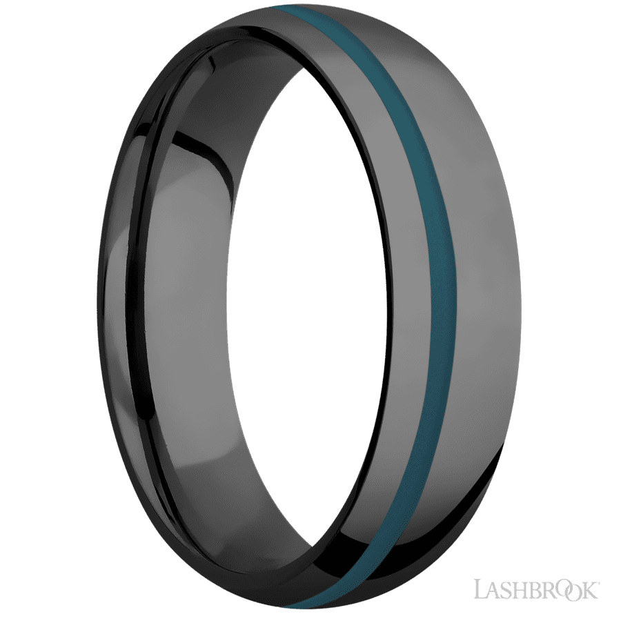 6 mm wide/Domed/Zirconium band with one 1 mm Off Center inlay of Ridgeway Blue.