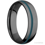 6 mm wide/Domed/Zirconium band with one 1 mm Off Center inlay of Ridgeway Blue.