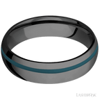 6 mm wide/Domed/Zirconium band with one 1 mm Off Center inlay of Ridgeway Blue.