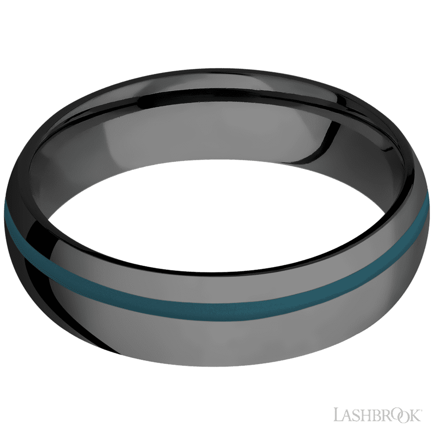 6 mm wide/Domed/Zirconium band with one 1 mm Off Center inlay of Ridgeway Blue.