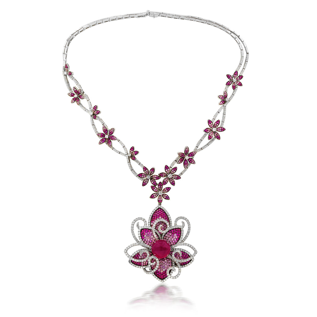 Ruby Pink Sapphire Diamond Flower Necklace, 18K White Gold