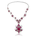 Ruby Pink Sapphire Diamond Flower Necklace, 18K White Gold
