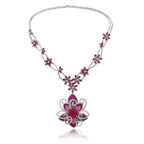 Ruby Pink Sapphire Diamond Flower Necklace, 18K White Gold