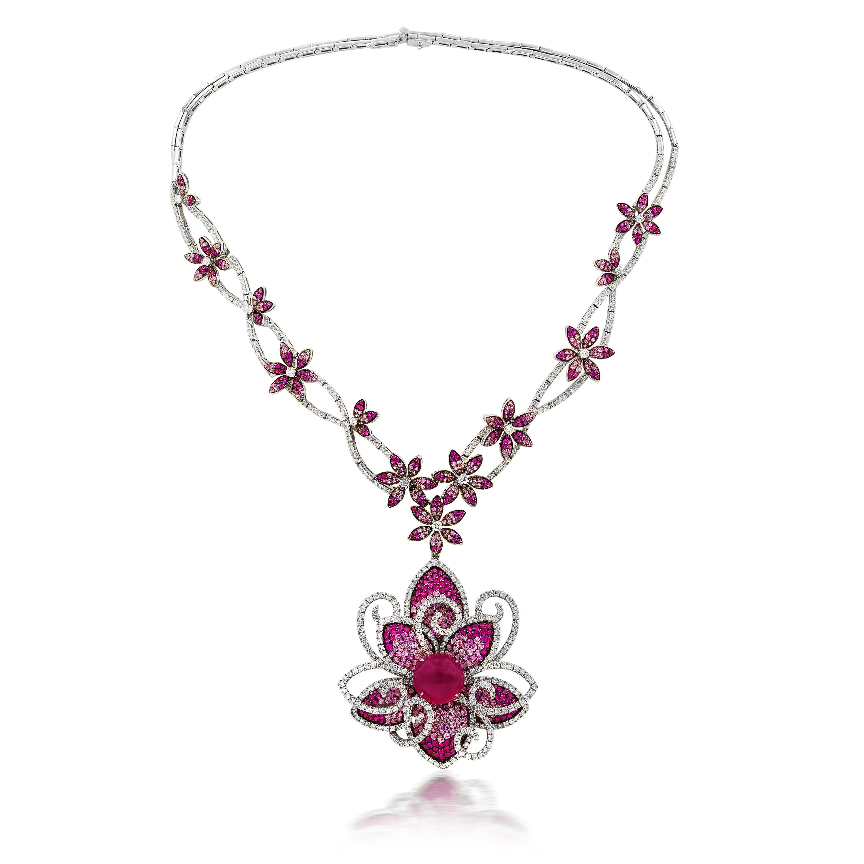 Ruby Pink Sapphire Diamond Flower Necklace, 18K White Gold
