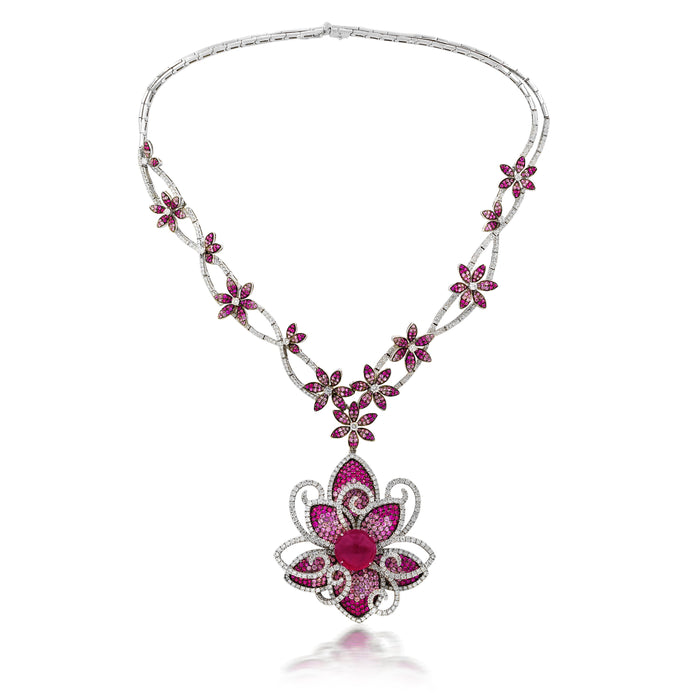 Ruby Pink Sapphire Diamond Flower Necklace, 18K White Gold