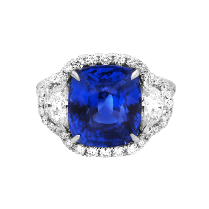 Three Stone Sapphire Diamond Halo Ring
