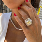Fancy Yellow Cushion Cut Surrounded By Rose Cut Diamond Ring