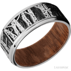 9 mm wide/Flat Grooved Edges/Cobalt Chrome band with a laser carved Aspen pattern also featuring a Leopard Wood sleeve.