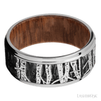 9 mm wide/Flat Grooved Edges/Cobalt Chrome band with a laser carved Aspen pattern also featuring a Leopard Wood sleeve.
