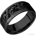 9 mm wide/Flat Grooved Edges/Zirconium band with a laser carved Black Leaf pattern.