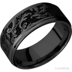 9 mm wide/Flat Grooved Edges/Zirconium band with a laser carved Black Leaf pattern.