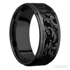 9 mm wide/Flat Grooved Edges/Zirconium band with a laser carved Black Leaf pattern.