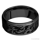 9 mm wide/Flat Grooved Edges/Zirconium band with a laser carved Black Leaf pattern.