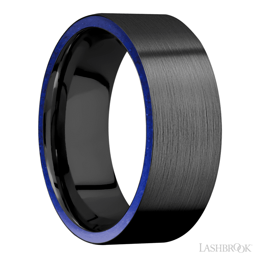 8 mm wide/Flat/Zirconium band with two 1 mm Side inlays of Lapis.