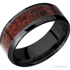8 mm wide/Beveled/Zirconium band with one 5 mm Centered inlay of Dinosaur Bone Red.